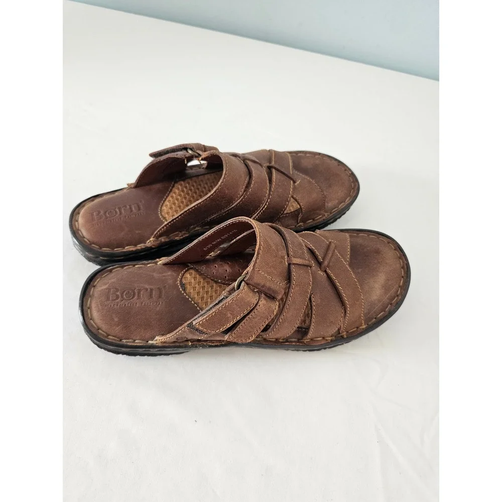 Rustic Born Leather Slide Sandals Mens 8 Brown Fisherman Woven Straps B91416